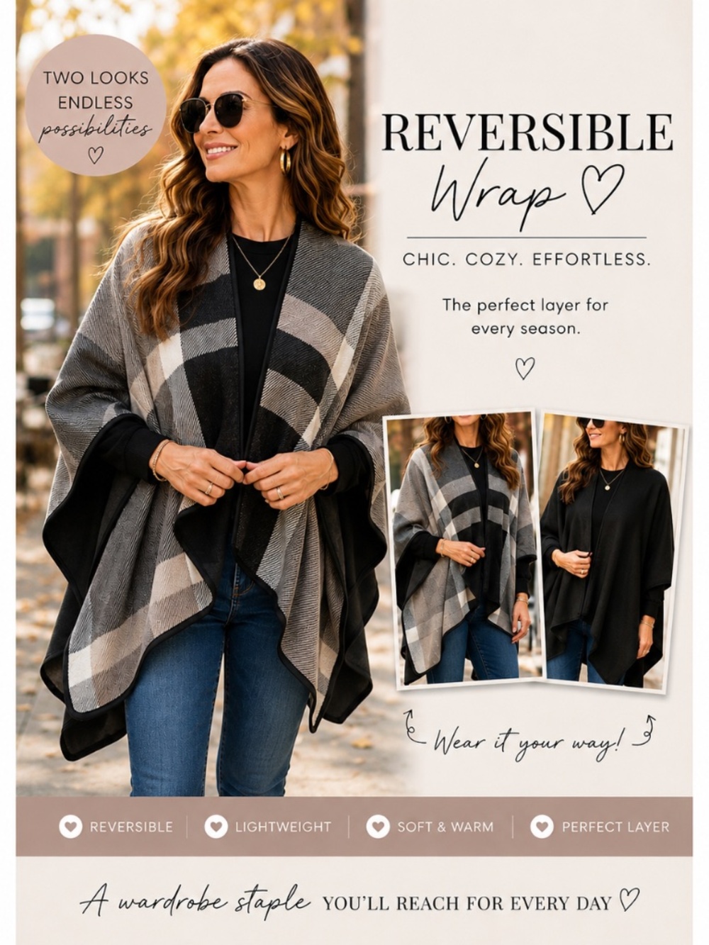 IKE BEHAR Reversible Plaid Wrap | One Size | Black & Gray Cozy Layer
